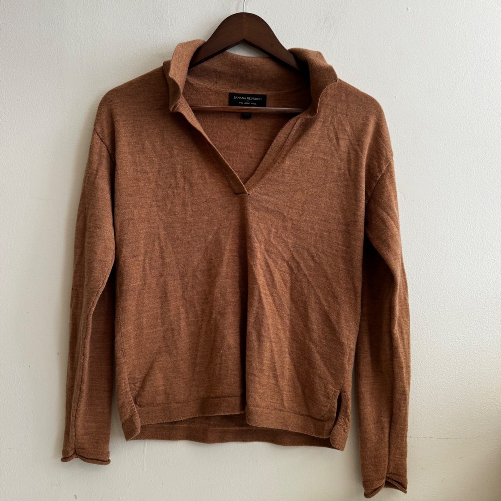 Banana Republic Womens Sz S Brown Merino Wool Johnny Collar Sweater Fall Layers